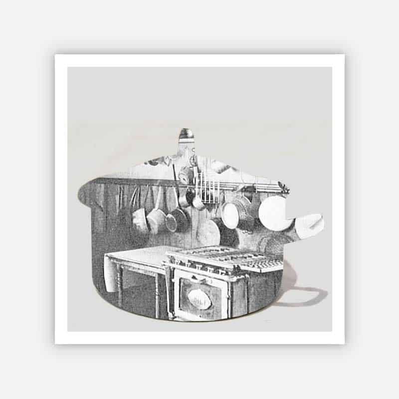 Engraving of a Dutch kitchen with hanging copper pots and a wood stove