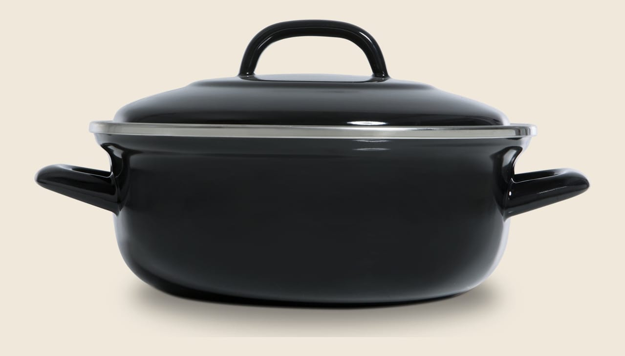 Black enameled braiser with domed lid and side handles, 3.5 quart